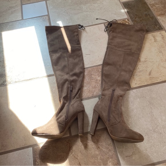 Brown/Tan/Taupe Faux Suede Block Heel Over the Knee Boots - Picture 2 of 4